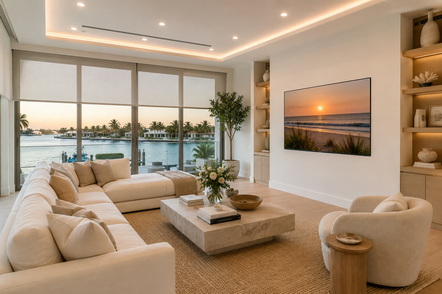 Waterfront Florida living room at sunset with concealed audio and a wall-mounted display