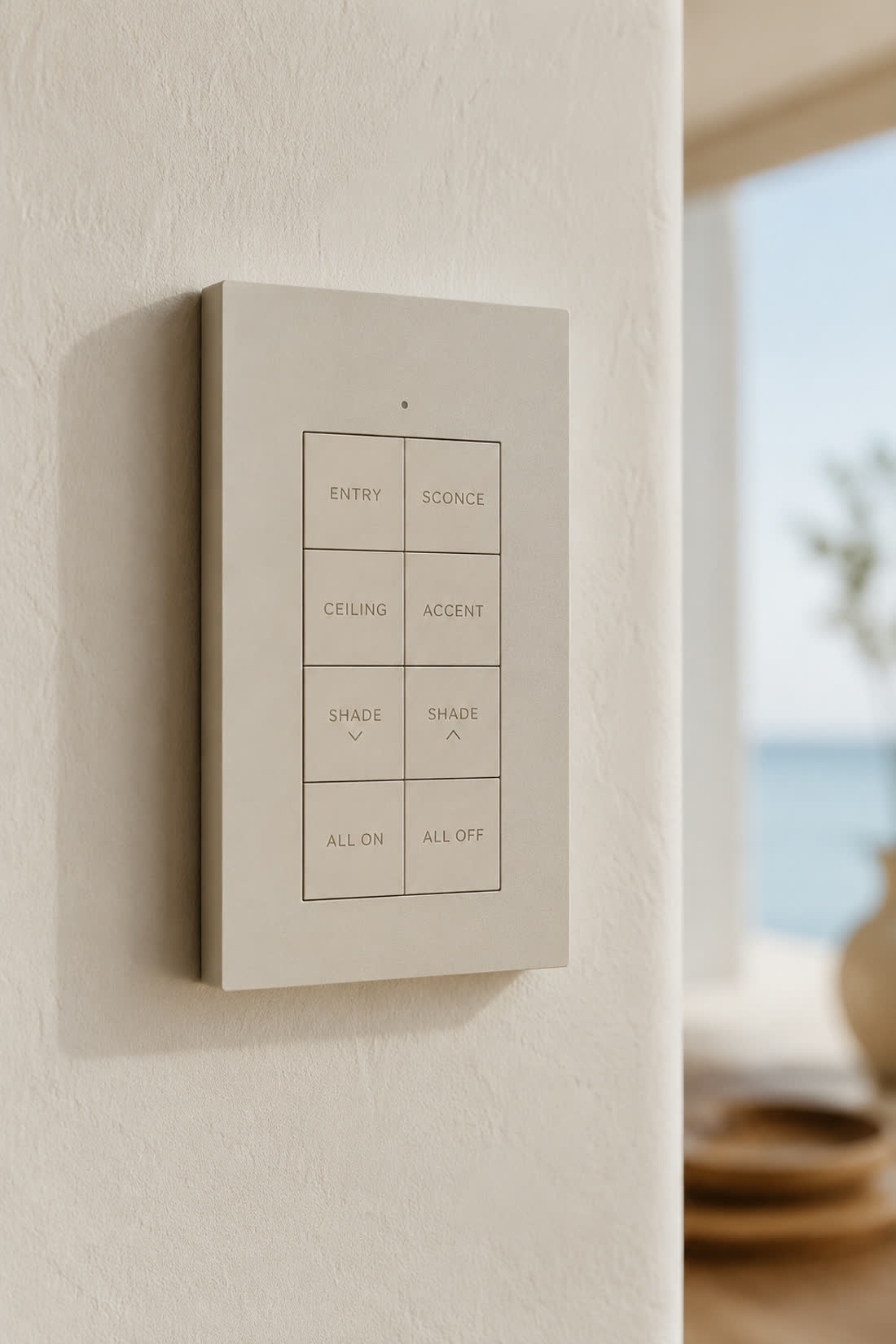 A custom engraved keypad on a plaster wall with an ocean view beyond