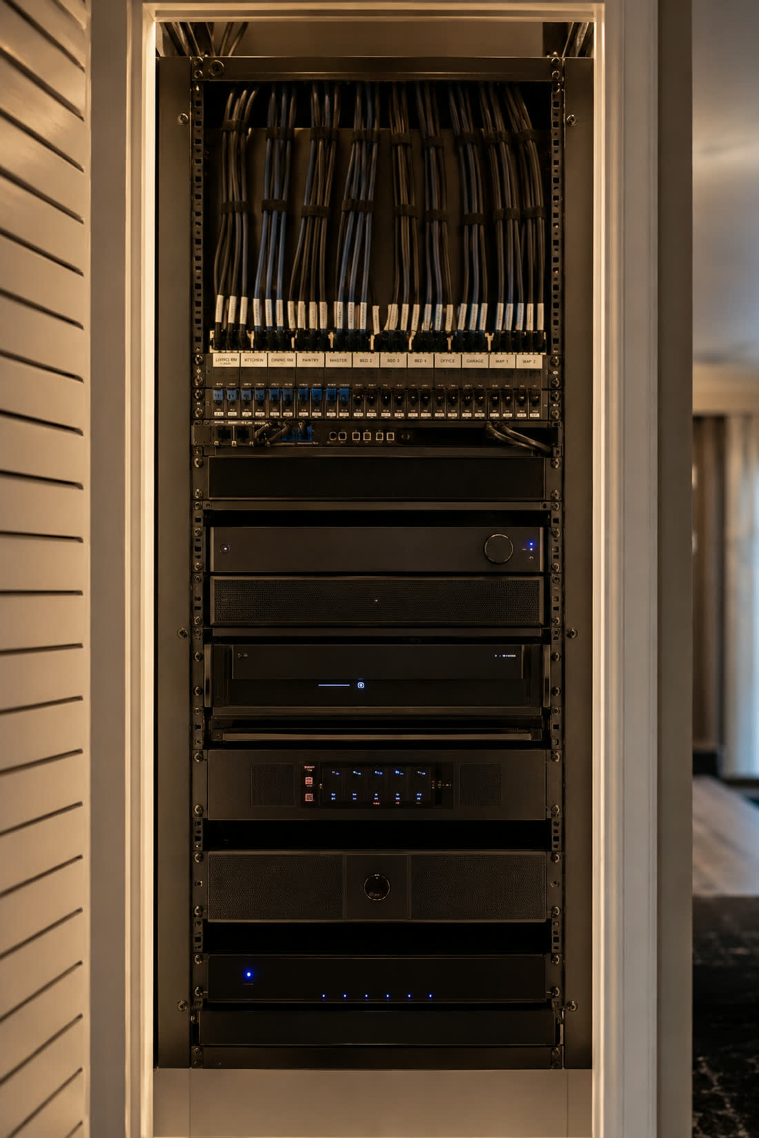 A neatly organized commercial equipment rack with labeled cabling